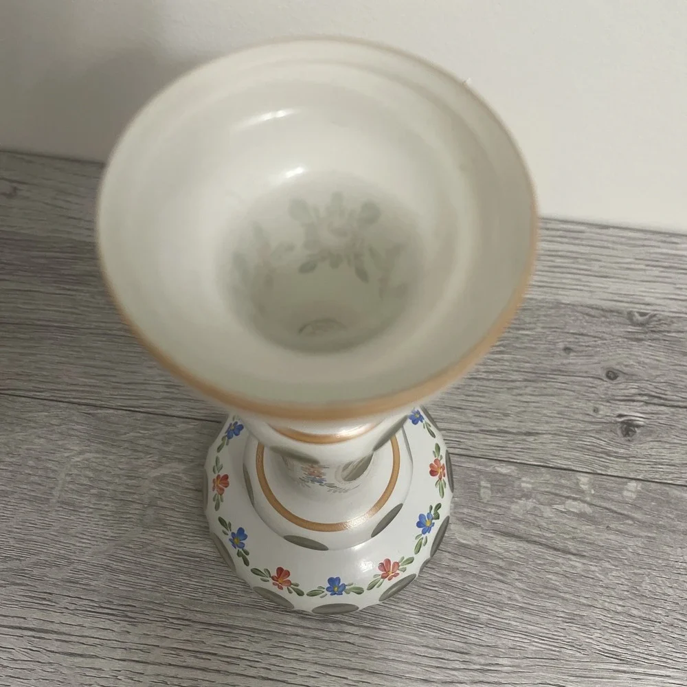 Bohemian White cut to clear hand-painted candlestick Czech 8 Inches grandma core